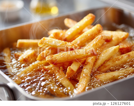 油の中で揚がるカリカリポテトの迫力ある調理シーン 126127601