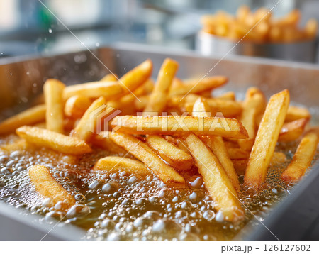 油の中で揚がるカリカリポテトの迫力ある調理シーン 油の中で揚がるカリカリポテトの迫力ある調理シーン 126127602
