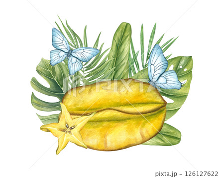 Watercolor whole star fruit with slice surrounded by tropical leaves and fluttering blue butterflies illustration isolated background. Carambola and foliage for exotic food packaging, paradise design 126127622