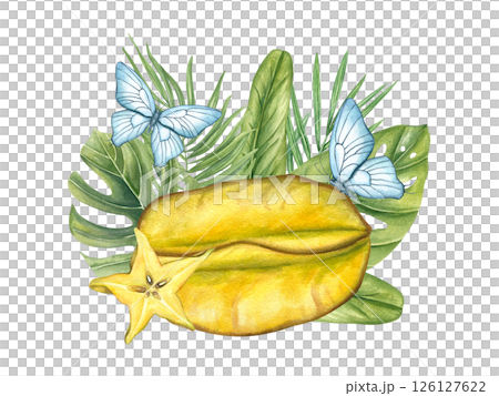 Watercolor whole star fruit with slice surrounded by tropical leaves and fluttering blue butterflies illustration isolated background. Carambola and foliage for exotic food packaging, paradise design 126127622