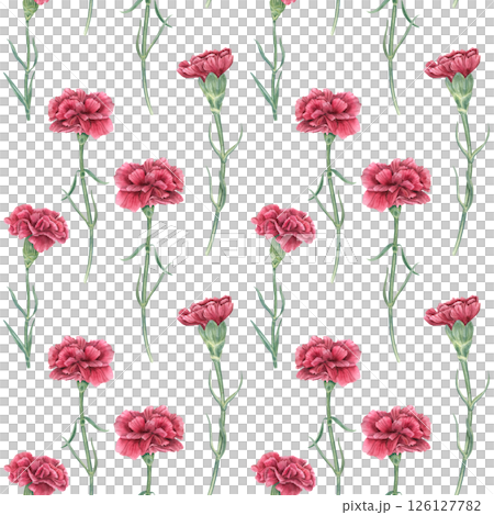 Seamless watercolor pattern with single red carnations on stems and leaves isolated background. Hand painted flowers for romantic designs, wedding stationery, textiles, and festive decoration 126127782