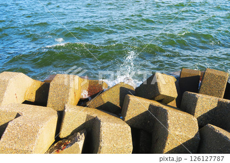 浦安市墓地公園付近の海岸の消波ブロックと海の風景 126127787