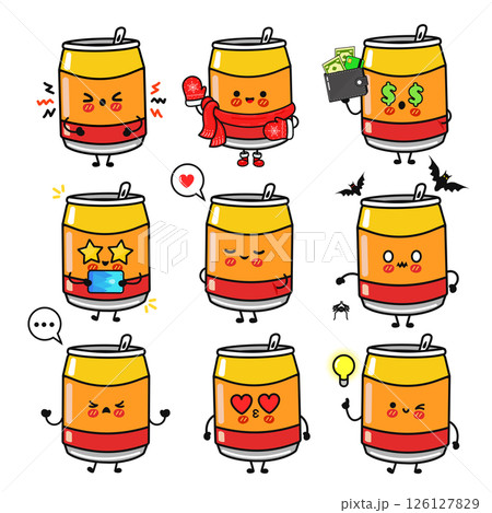 Charming cartoon Soda Cans depict various moods and scenarios with fun, expressive faces and details. 126127829
