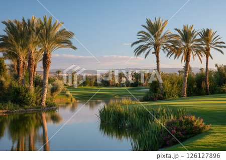 Lush green golf course landscape with palm trees and serene water reflection at sunset 126127896
