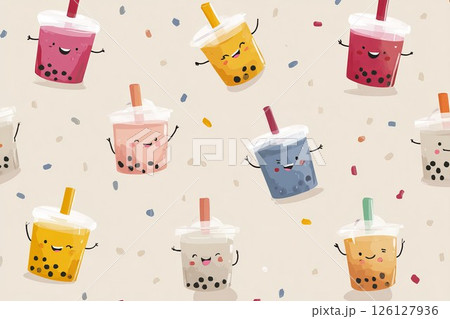 Seamless pattern with kawaii bubble tea cups and tapioca pearls on light beige background 126127936