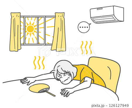 室内で熱中症になったシニア女性のイラスト 126127949