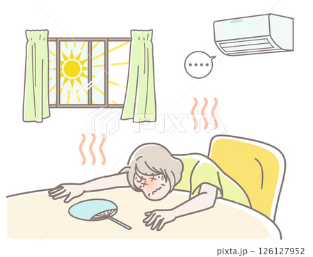 室内で熱中症になったシニア女性のイラスト 室内で熱中症になったシニア女性のイラスト 126127952