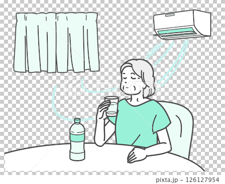 一位老年婦女在空調房間補水的插圖 126127954