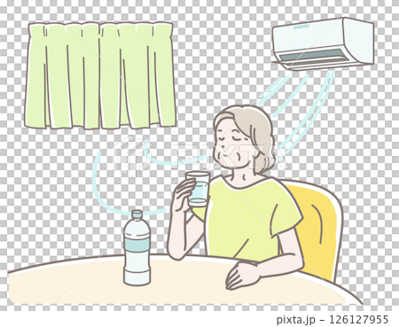 Illustration of a senior woman hydrating in an air-conditioned room 126127955