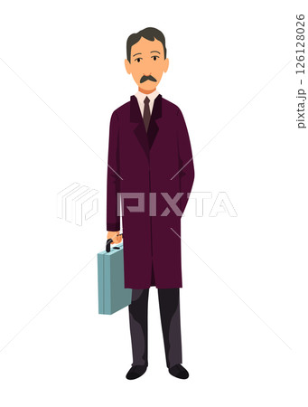 People wait for public transport. Businessman in raincoat and with bag in his hands. Cartoon flat vector illustration 126128026