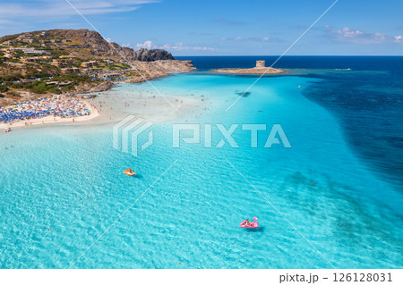 Aerial view of famous La Pelosa beach at sunny summer day Aerial view of famous La Pelosa beach at sunny summer day 126128031