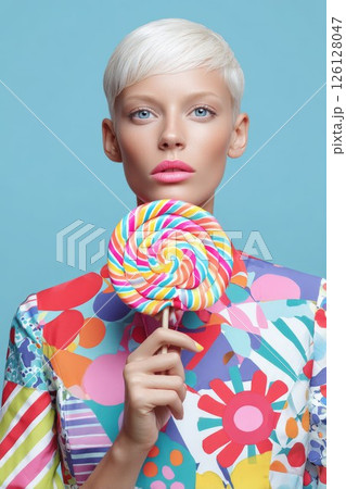 Fashionable woman holding colorful lollipop, wearing vibrant patterned outfit against blue background Fashionable woman holding colorful lollipop, wearing vibrant patterned outfit against blue background 126128047