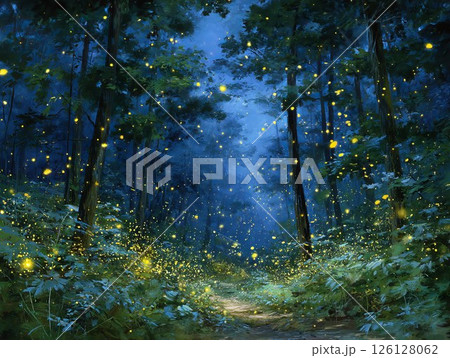 Enchanted forest scene illuminated by glowing fireflies at twilight with lush greenery 126128062