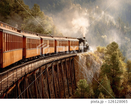 Vintage steam locomotive traveling on a scenic bridge surrounded by lush forest landscape Vintage steam locomotive traveling on a scenic bridge surrounded by lush forest landscape 126128065