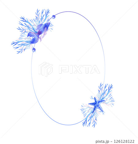 Watercolor delicate oval blue frame with fish and corals Watercolor delicate oval blue frame with fish and corals 126128122