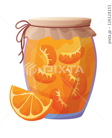 Jam jar with slice of orange. Homemade berries and fruit jam, natural organic product. Breakfast food, sweet fruit dessert vector illustration. Winter pot on white background Jam jar with slice of orange. Homemade berries and fruit jam, natural organic product. Breakfast food, sweet fruit dessert vector illustration. Winter pot on white background 126128151