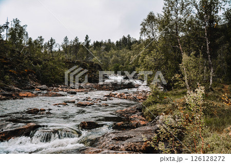 Mountain river with rocks and waterfalls in the forest in Norway Mountain river with rocks and waterfalls in the forest in Norway 126128272