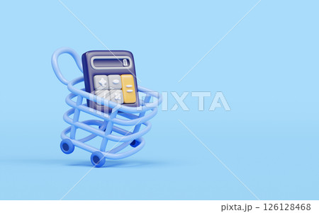 3d shopping carts, basket cartoon with calculator isolated on blue background. 3d render illustration 126128468