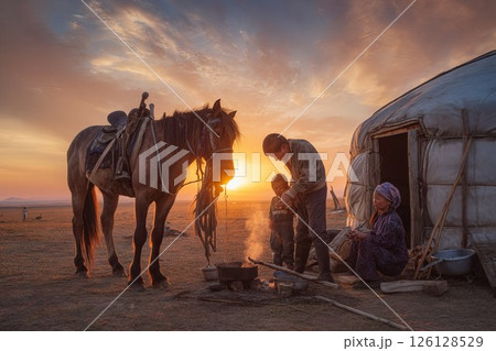 Mongolian nomadic family preparing dinner at...のイラスト素材 [126128529] - PIXTA