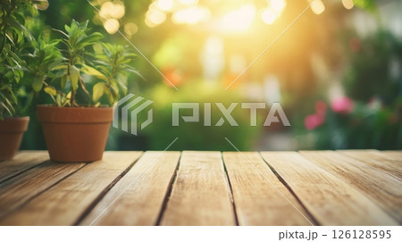 Wooden floor with potted plants and blurred garden in sunlight, natural summer background 126128595