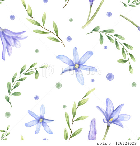 Watercolor blue scilla and myrtle branches among blue green drops seamless pattern isolated background. Abstract leaves and snowdrops floral ornate for spring themed designs, wedding stationery 126128625
