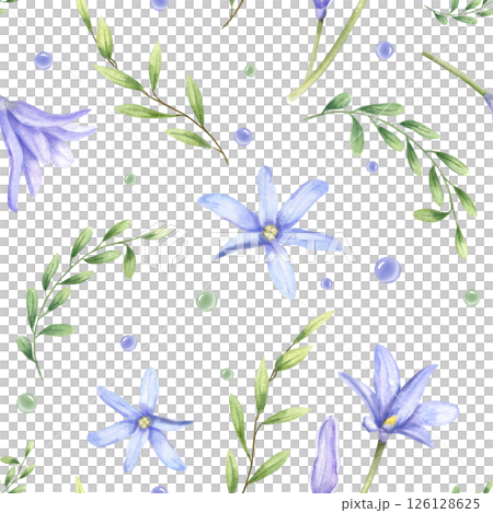Watercolor blue scilla and myrtle branches among blue green drops seamless pattern isolated background. Abstract leaves and snowdrops floral ornate for spring themed designs, wedding stationery 126128625