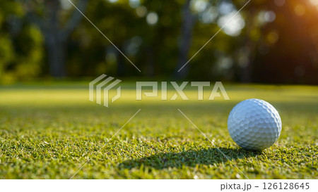 Golf ball is on a green lawn in a beautiful golf course with morning sunshine. Golf ball is on a green lawn in a beautiful golf course with morning sunshine. 126128645