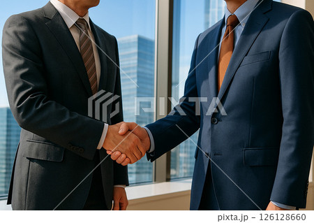 ビジネスマンの握手・信頼と契約の瞬間（高層オフィス内） 126128660