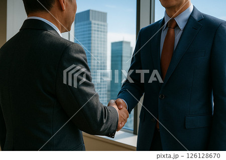ビジネスマンの握手・信頼と契約の瞬間(高層オフィス内) ビジネスマンの握手・信頼と契約の瞬間(高層オフィス内) 126128670