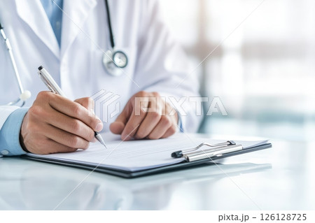 Doctor writing on clipboard, medical healthcare professional taking notes 126128725