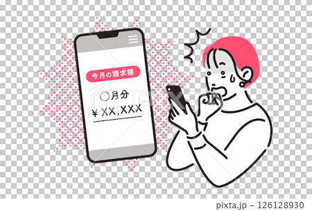 一名女子對她的智慧型手機帳單感到驚訝 一名女子對她的智慧型手機帳單感到驚訝 126128930