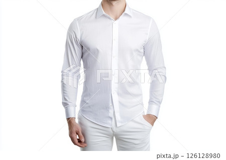 Mockup of a white button-up shirt with white pants on an isolated background. 126128980
