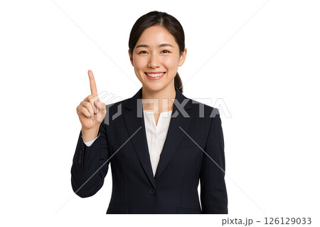 「1番」を示すスーツ姿の若い日本人女性｜透明背景のビジネス向け素材 126129033