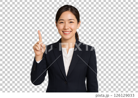 「1番」を示すスーツ姿の若い日本人女性｜透明背景のビジネス向け素材 126129033