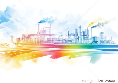 Industrial plant emitting smoke and colorful lines representing traffic flow 126129088