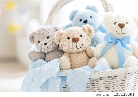 Gift basket overflowing with adorable handmade plush teddy bears 126129091