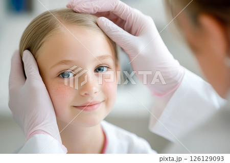 Doctor examining a smiling child's head during a medical checkup. 126129093