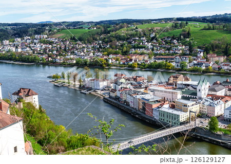 Confluence of rivers Inn, Danube and Ilz in Passau, Bavaria, Germany. The City of Three Rivers Confluence of rivers Inn, Danube and Ilz in Passau, Bavaria, Germany. The City of Three Rivers 126129127