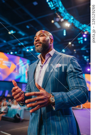Charismatic male speaker presenting on stage during dynamic business event 126129266
