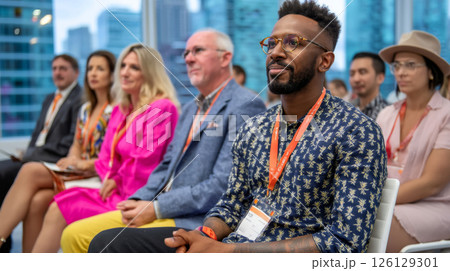 Corporate professionals listening to speaker in bright seminar room Corporate professionals listening to speaker in bright seminar room 126129301