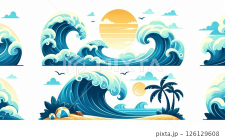 Collection of ocean wave illustrations with sunset, beach, palm trees, and clouds in modern flat style. Summer and tropical nature concept 126129608
