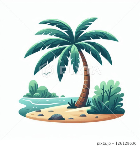 Tropical island with palm tree, green bushes and sandy beach near ocean isolated on white background 126129630