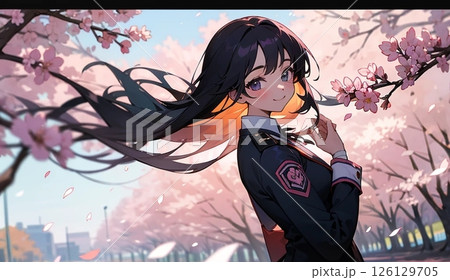 桜の中で笑顔を見せる女子高生 126129705