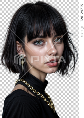 Portrait of a girl with a big thick chain on her neck Portrait of a girl with a big thick chain on her neck 126129715