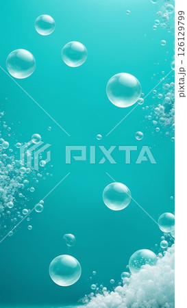 Transparent bubbles and foam in turquoise water. Fresh and clean background with floating air bubbles. Purity and hygiene concept 126129799