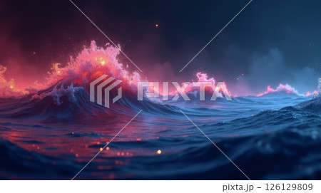 Surreal ocean waves with glowing red and blue colors at night, illuminated by mysterious lights, fantasy seascape digital artwork 126129809