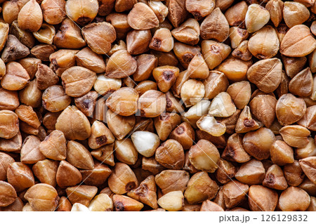 buckwheat groats background, close-up macro, natural product 126129832