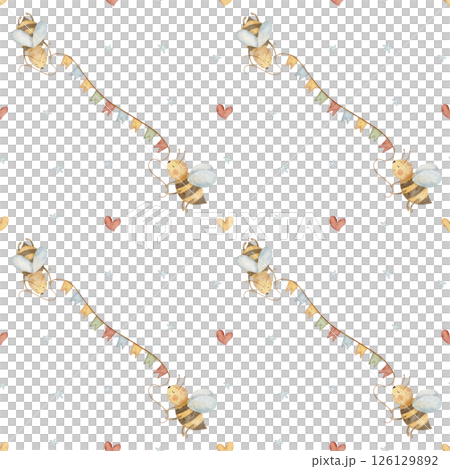 Pattern honey bees holding a festive garland, stars. Watercolor illustration hand drawn in cartoon style. Seamless print on background children textile design, fabric, packaging wallpaper kids clothes 126129892