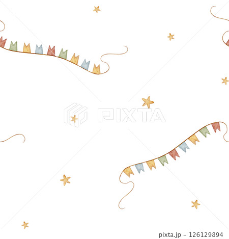 Watercolor pattern illustration festive garland of colored flags flying in stars. Seamless print hand drawn on isolated white background for children textile, fabric, packaging, wallpaper kids clothes Watercolor pattern illustration festive garland of colored flags flying in stars. Seamless print hand drawn on isolated white background for children textile, fabric, packaging, wallpaper kids clothes 126129894