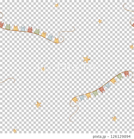 Watercolor pattern illustration festive garland of colored flags flying in stars. Seamless print hand drawn on isolated white background for children textile, fabric, packaging, wallpaper kids clothes Watercolor pattern illustration festive garland of colored flags flying in stars. Seamless print hand drawn on isolated white background for children textile, fabric, packaging, wallpaper kids clothes 126129894